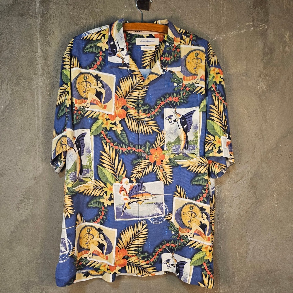 Tommy Bahama‎ Silk Shirt XL Christmas Santa Cocktail Marlin Pinup Tuxedo Holiday